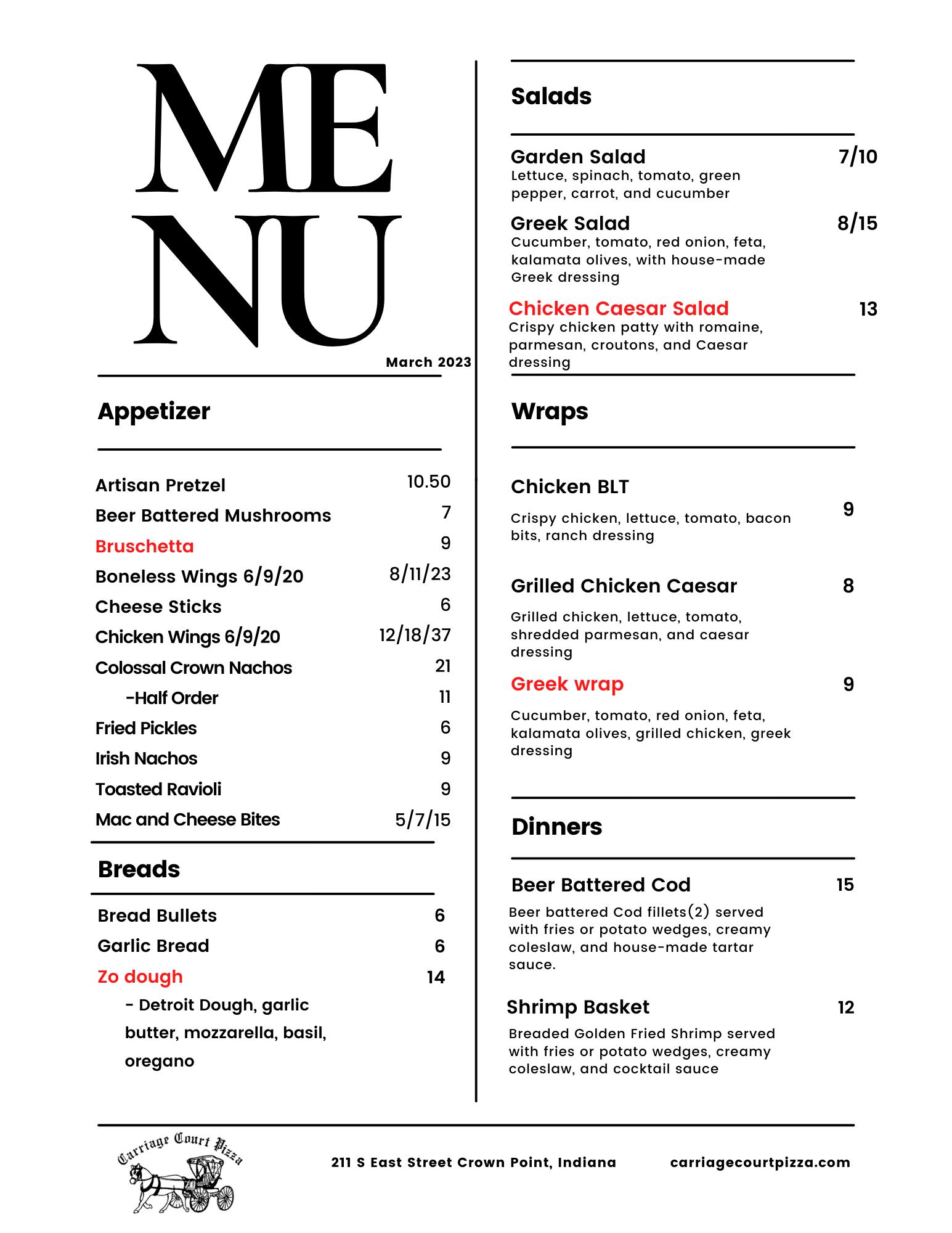 Menus | Carriage Court Pizza